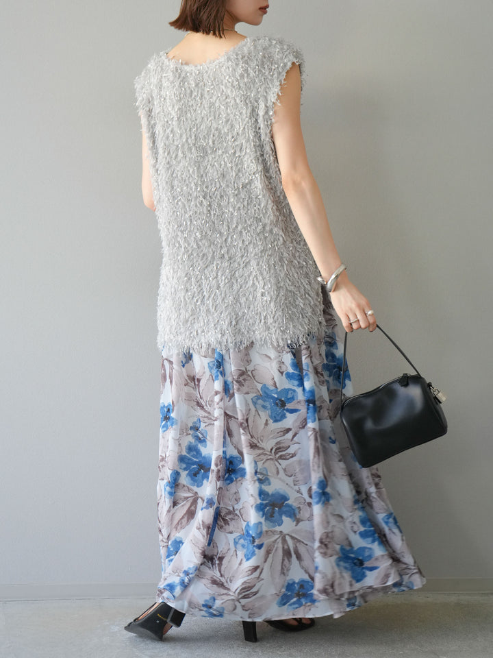 [予約]フラワープリントボリュームフレアスカート/ブルー