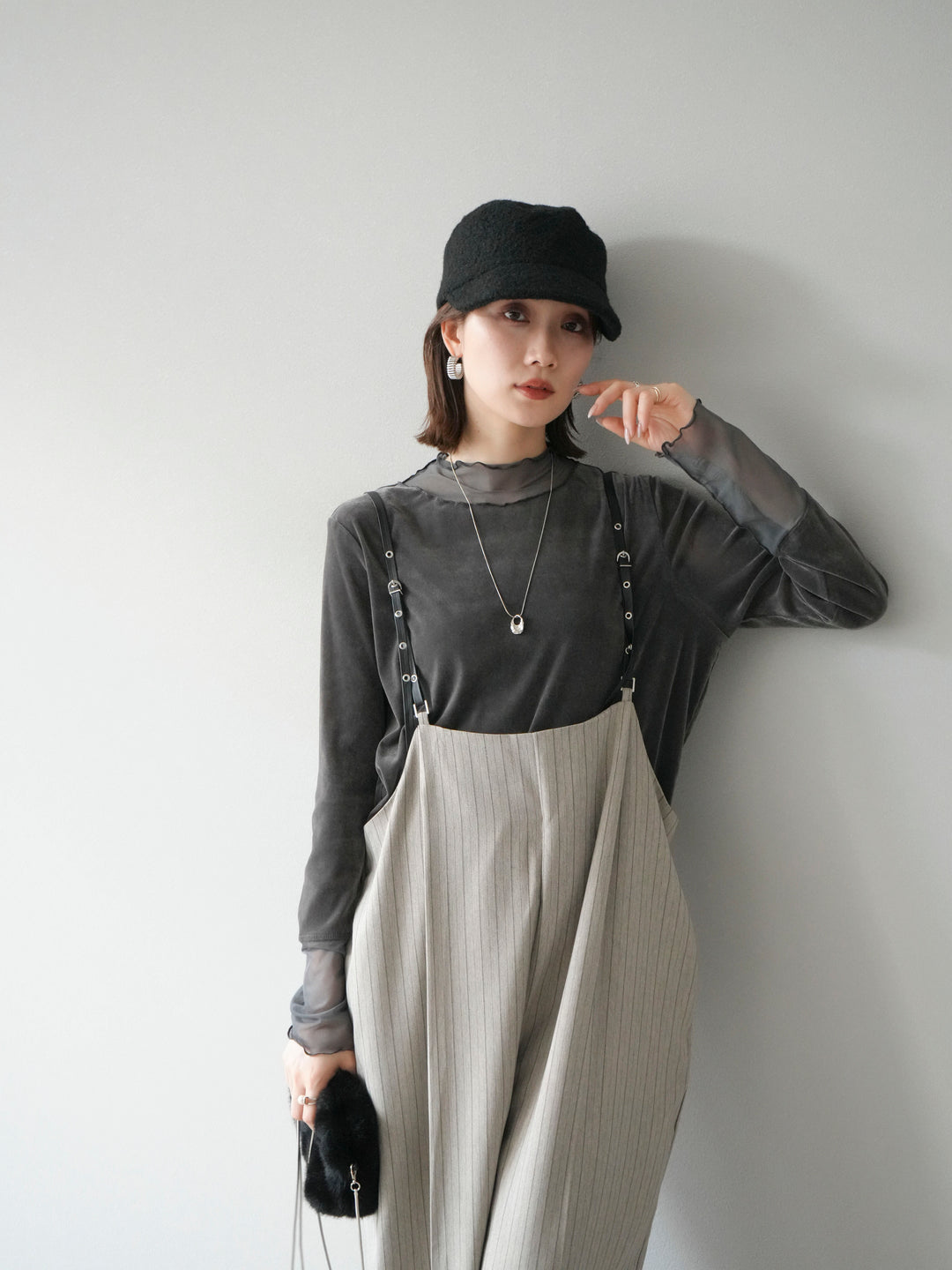 【着回しセット】[SET]ヘリンボーンストライプジレ+シアー切替ベロアトップス+ヘリンボーンストライプサロペット(3set)