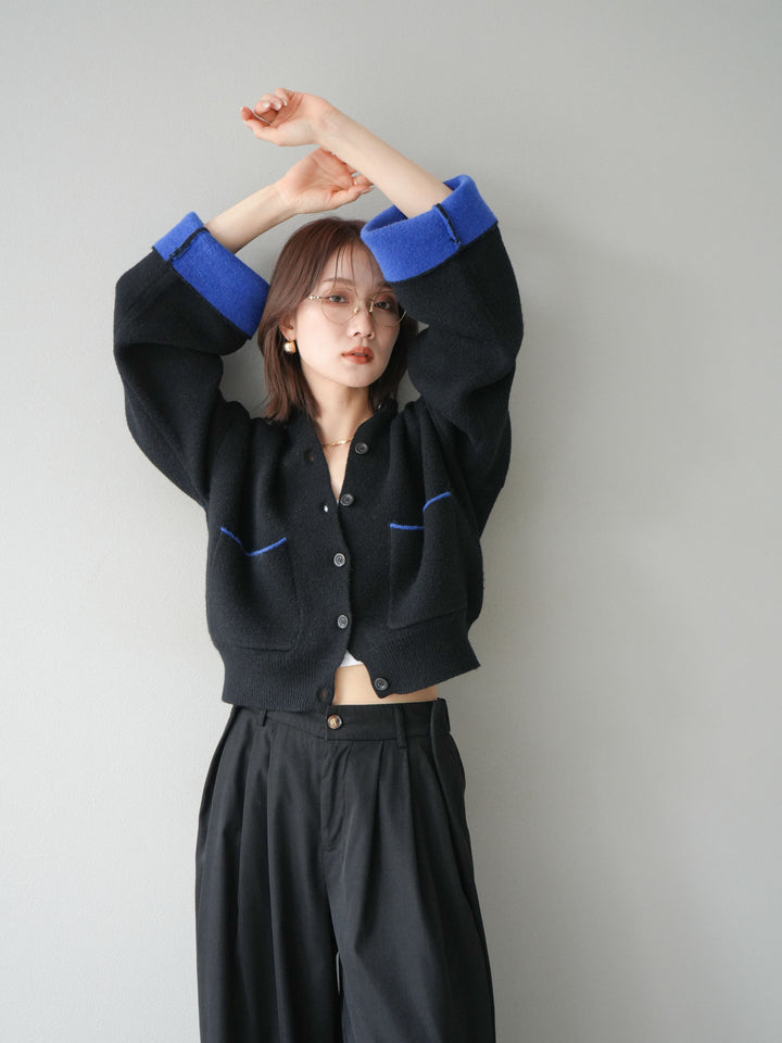 【SET】雙色針織開襟衫+褶襉設計寬褲（2套）