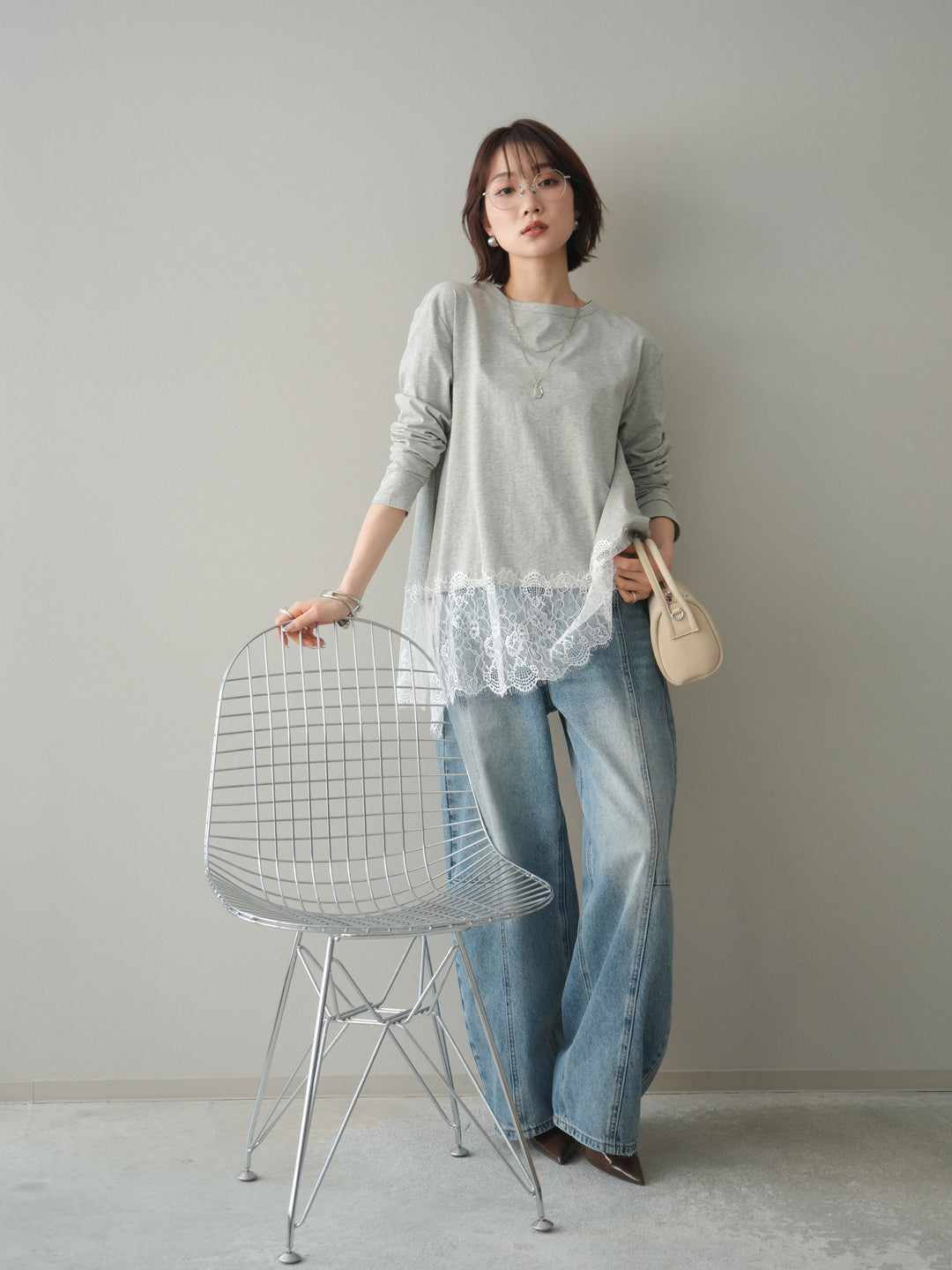 [SET]裾レースロングスリーブTシャツ+選べるアクセセット(2set)
