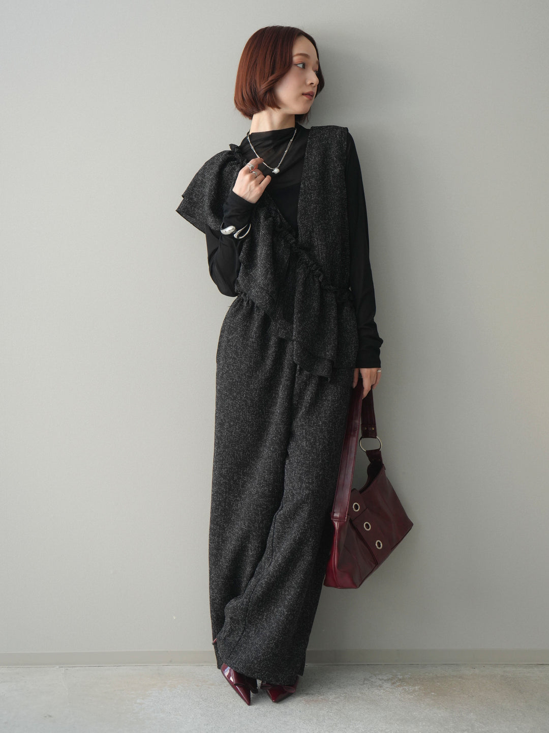 [SET]3WAYミックスツイードギャザーオールインワン+シアープチネックストレッチトップス(2set)