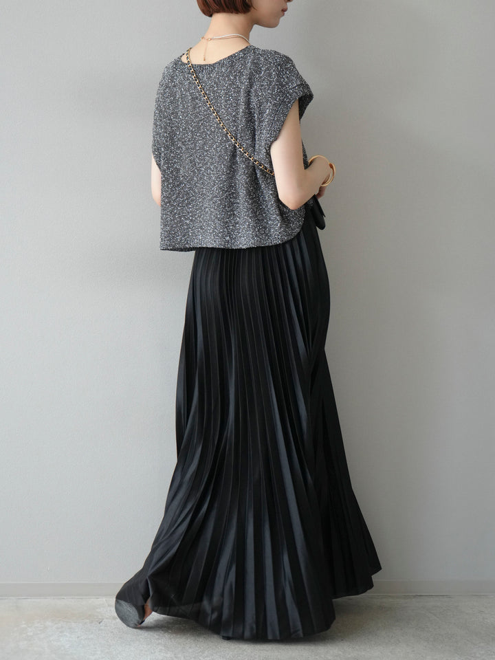 [SET]ネップヤーンクロップドニットベスト+サテンプリーツマキシスカート(2set)