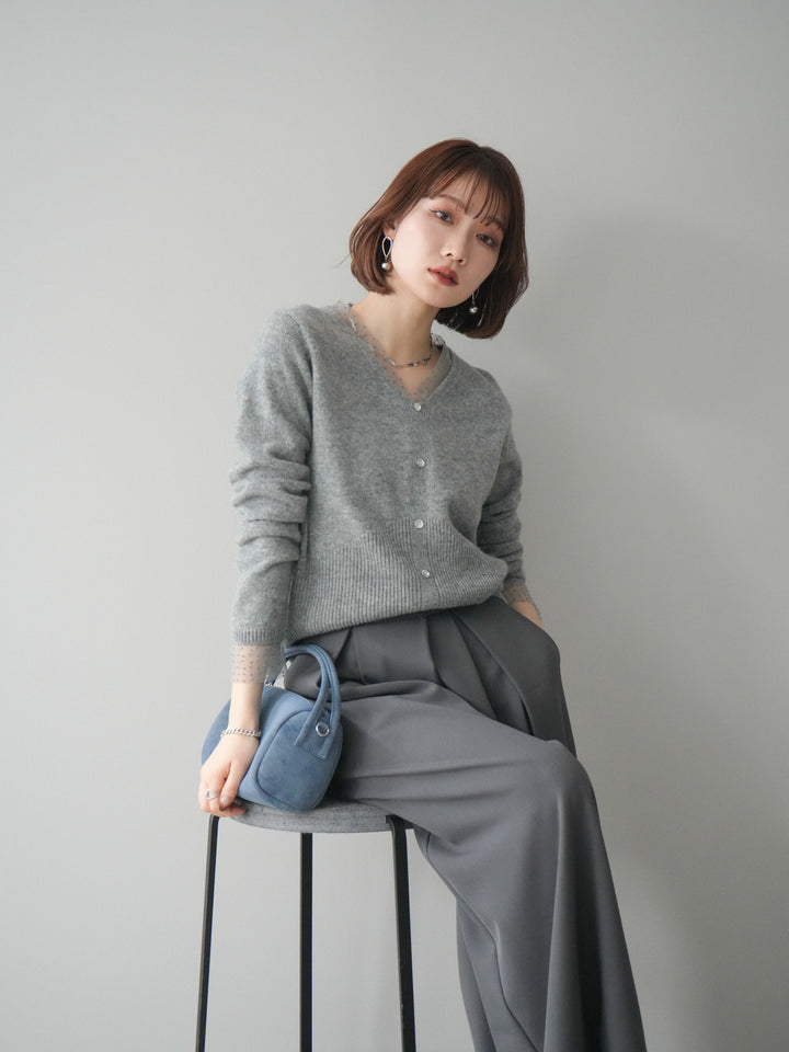 [SET]ドットチュールレイヤードボタンニットトップス+テープベルトタックバギーパンツ(2set)