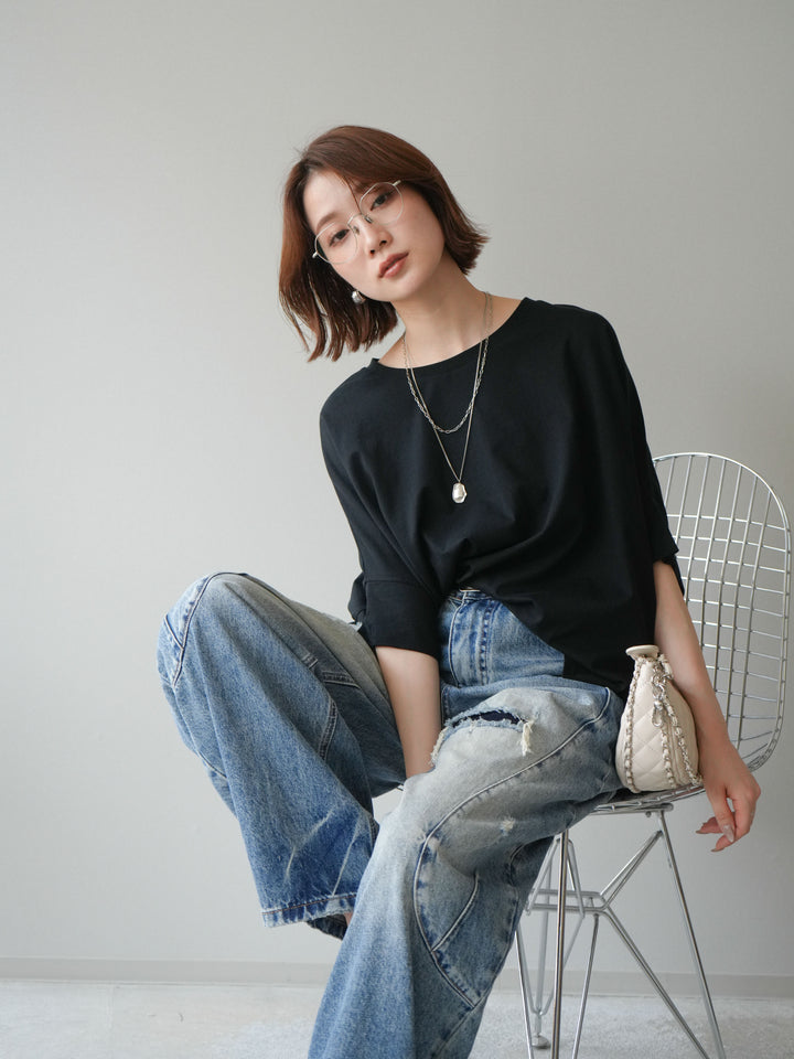 [SET]ドルマンワイドフレアトップス+ダメージカーブワイドデニムパンツ(2set)