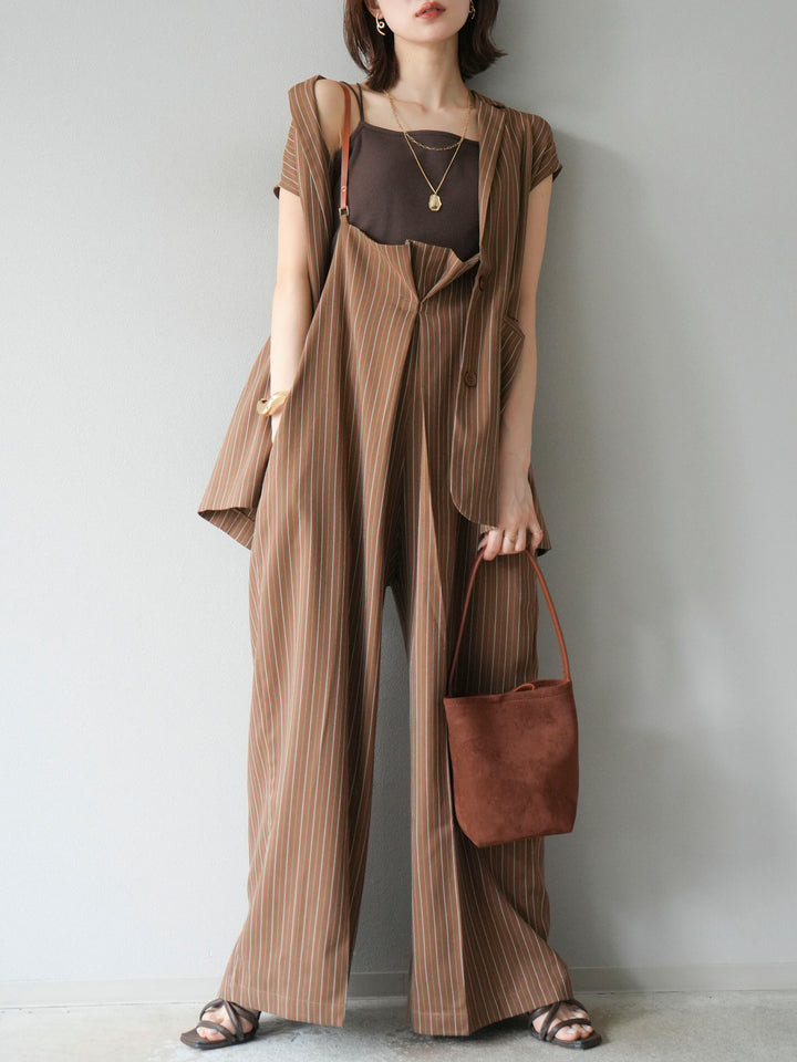 【着回しセット】[SET]ヘリンボーンストライプジレ+シアー切替ベロアトップス+ヘリンボーンストライプサロペット(3set)