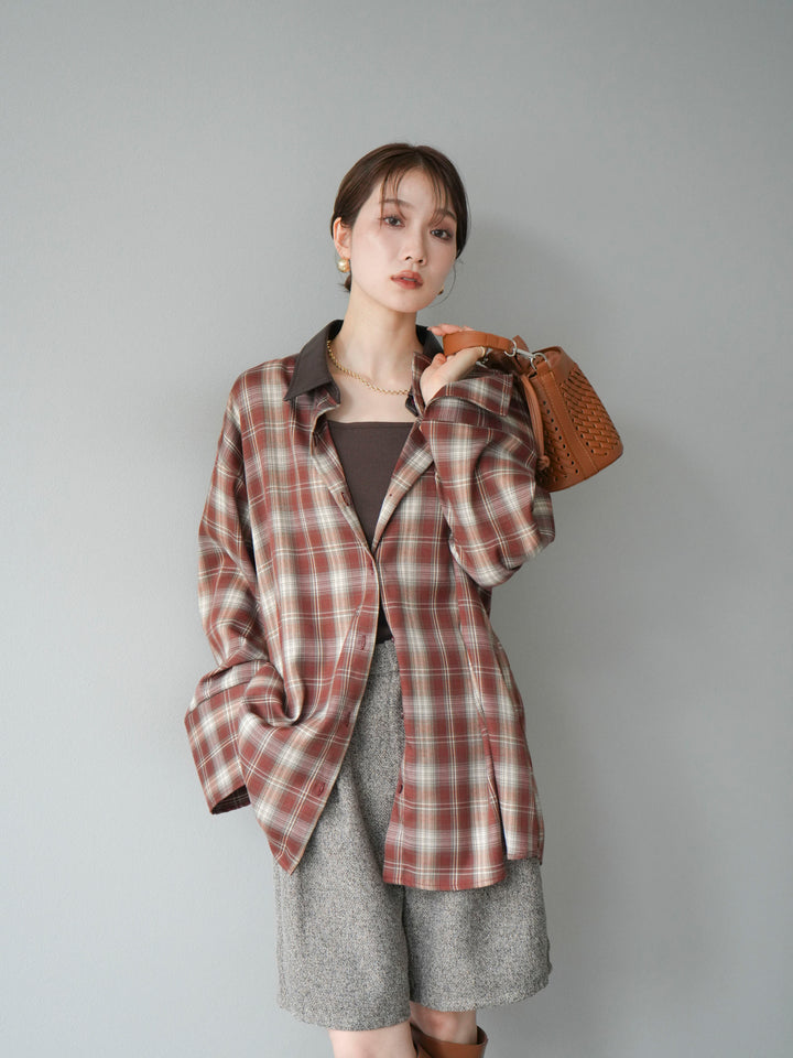 【着回しセット】[SET]レザー襟オンブレチェックオーバーシャツ +クラッシュベロアナロースカート+ツイードハーフパンツ(3set)