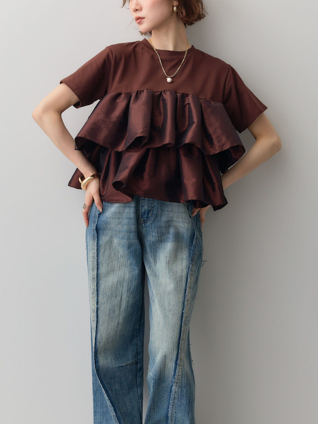 [SET]フリルティアードTEE+縦ウォッシュワイドデニムパンツ(2set)