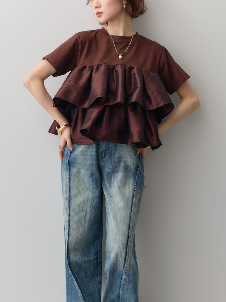 [SET]フリルティアードTEE+縦ウォッシュワイドデニムパンツ(2set)