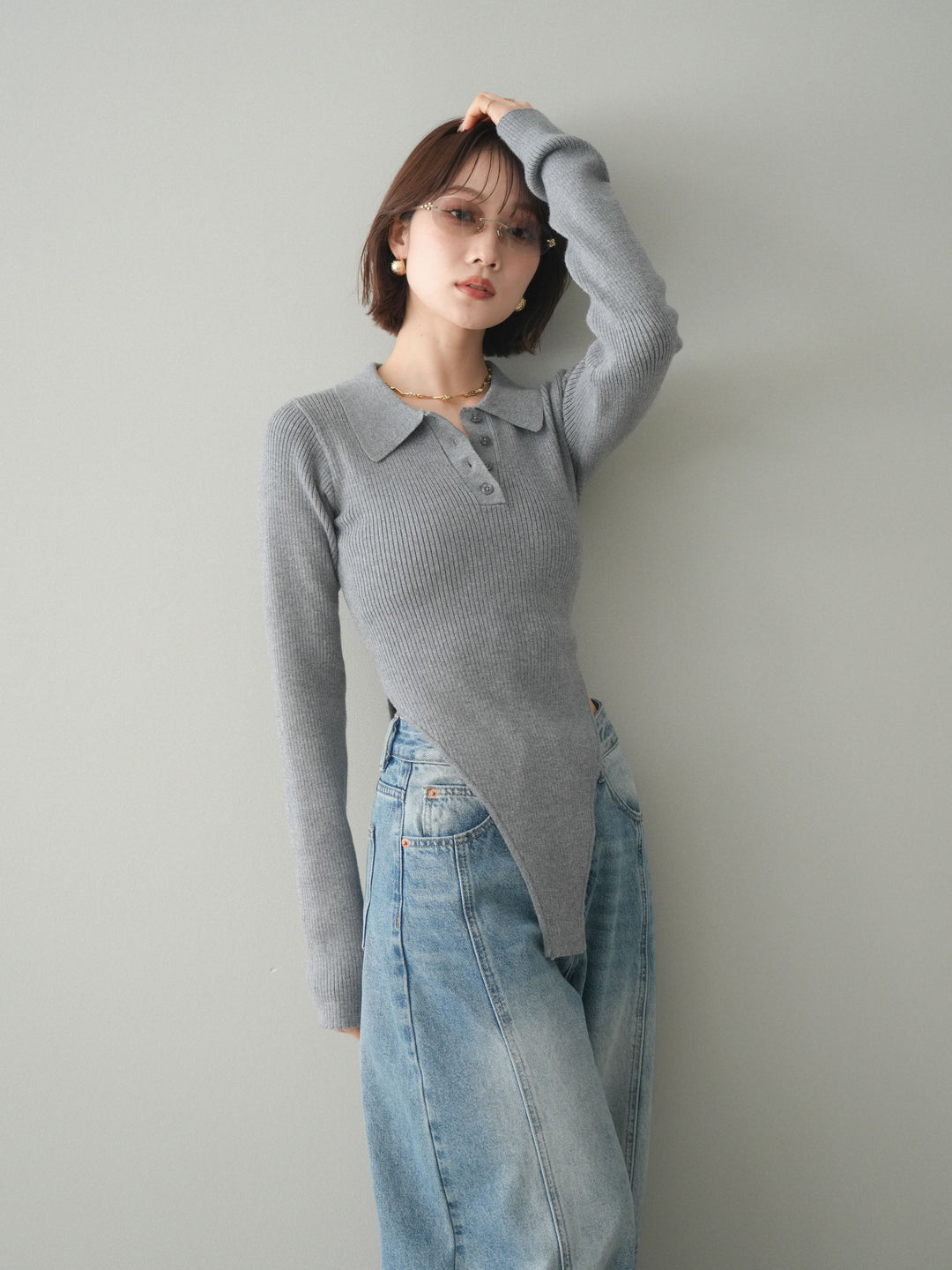 [予約]リブポロニットボディスーツ/mokugray