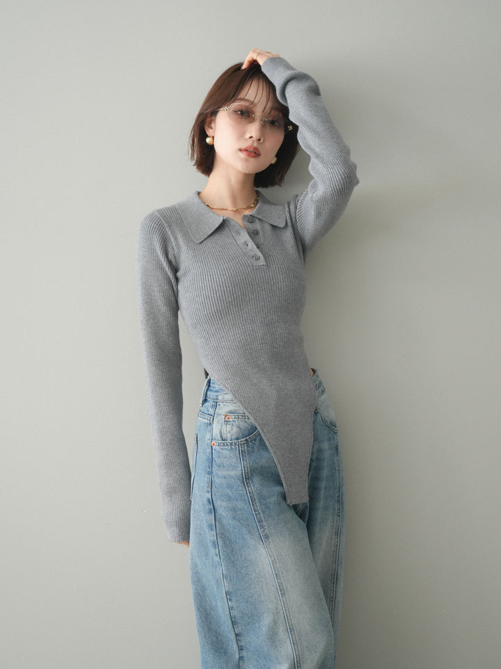 [予約]リブポロニットボディスーツ/mokugray