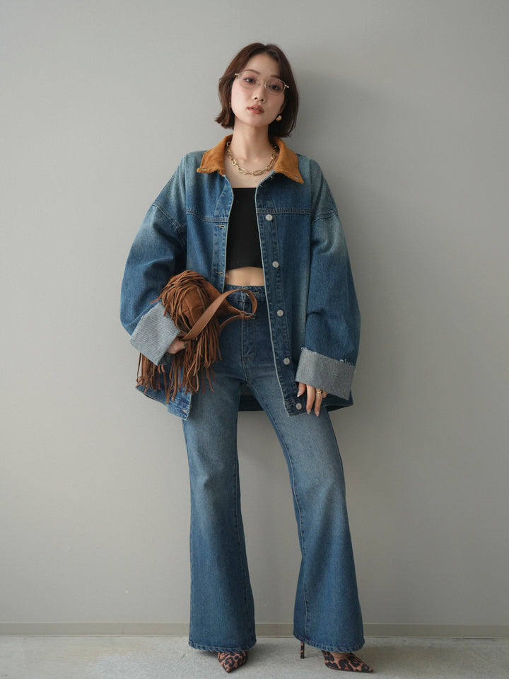[SET]コーデュロイ×デニムミドルジャケット+フレアデニムパンツ(2set)