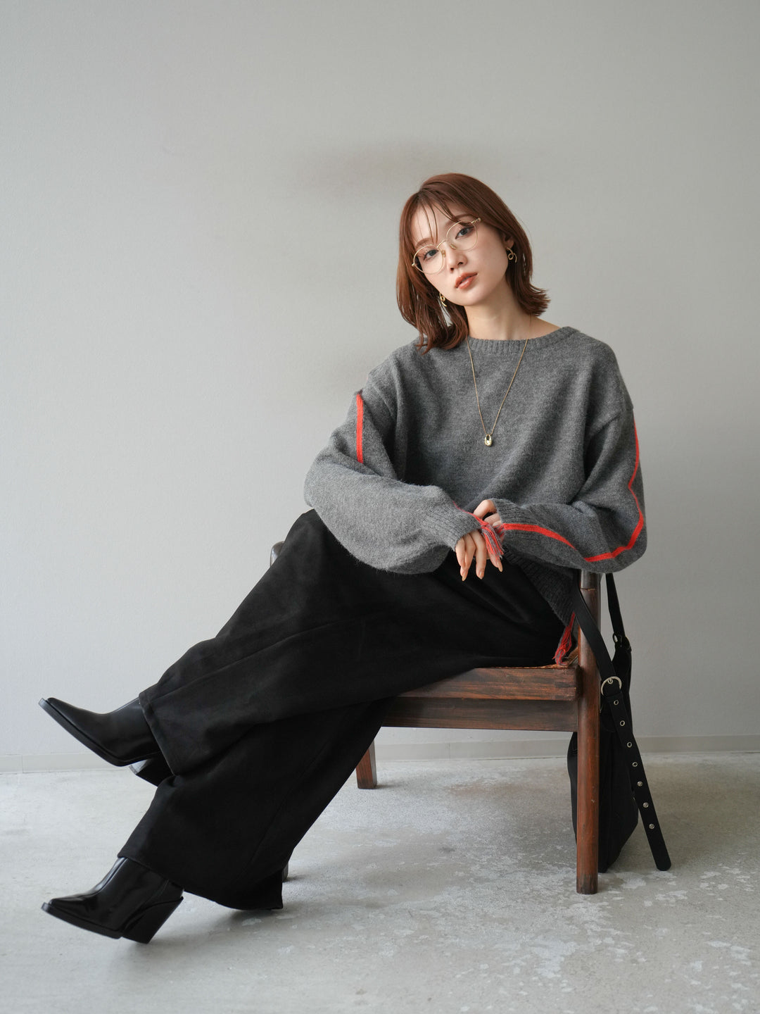 [SET]配色ステッチフリンジニットプルオーバー +スウェードタックワイドパンツ(2set)