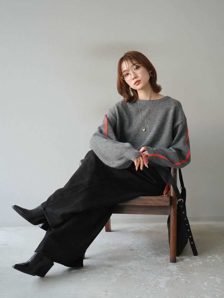 [SET]配色ステッチフリンジニットプルオーバー +スウェードタックワイドパンツ(2set)