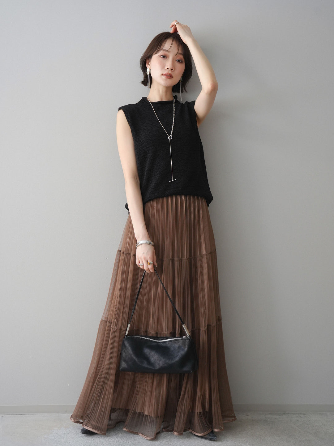 [予約]ラメプリーツレイヤードチュールロングスカート/mocha