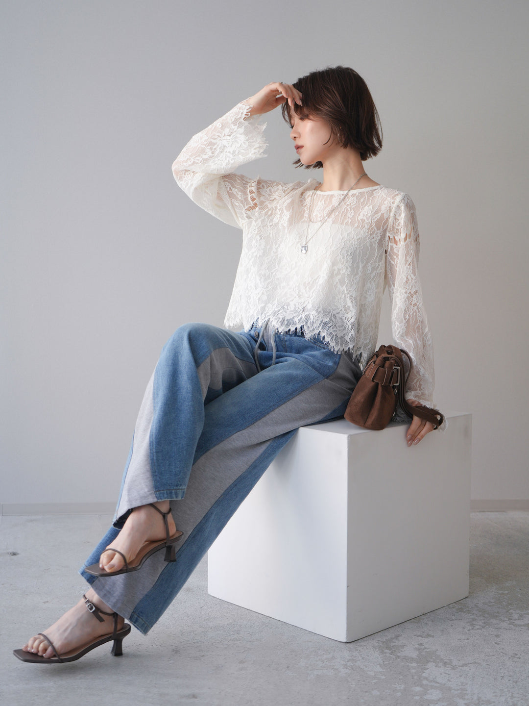 [SET]2WAYスリーブレーストップス+デニム切替スウェットパンツ(2set)