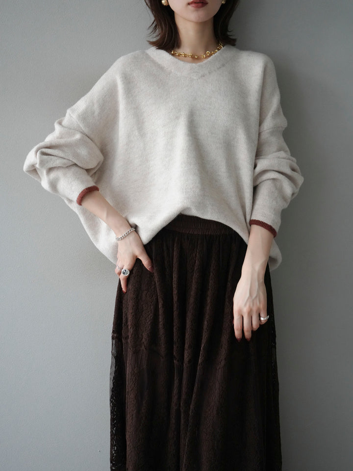 [SET]Vネック配色スリーブニットプルオーバー+選べるアクセセット(2set)