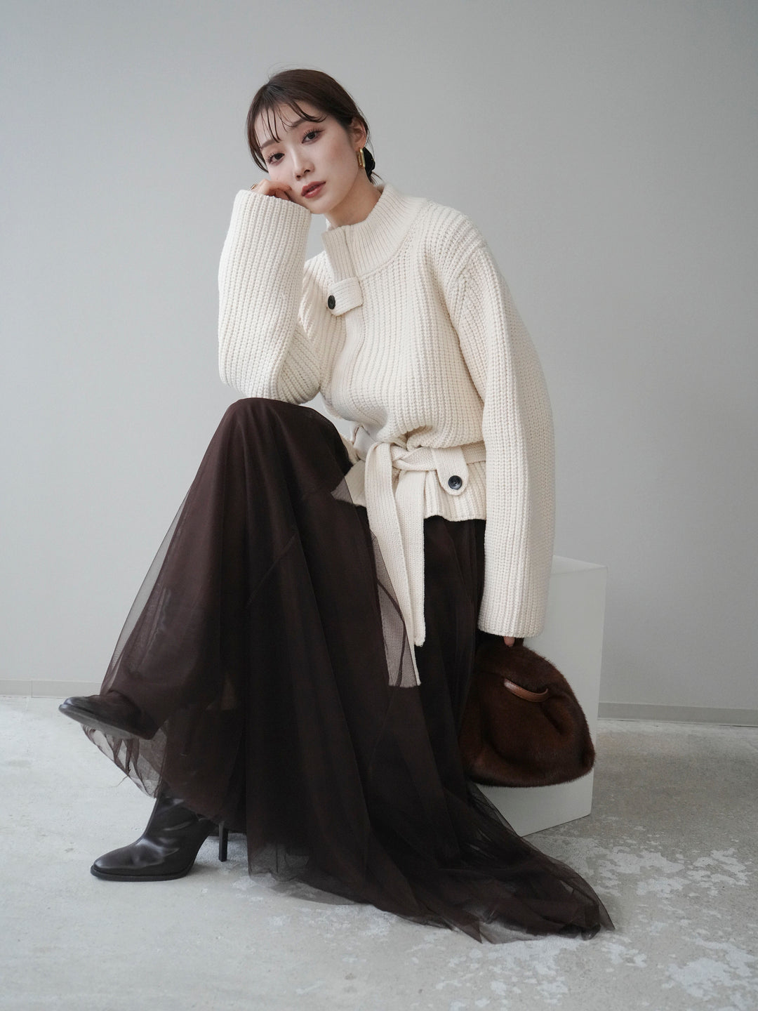 [予約]畦編みボトルネックZIPニットカーディガン/white