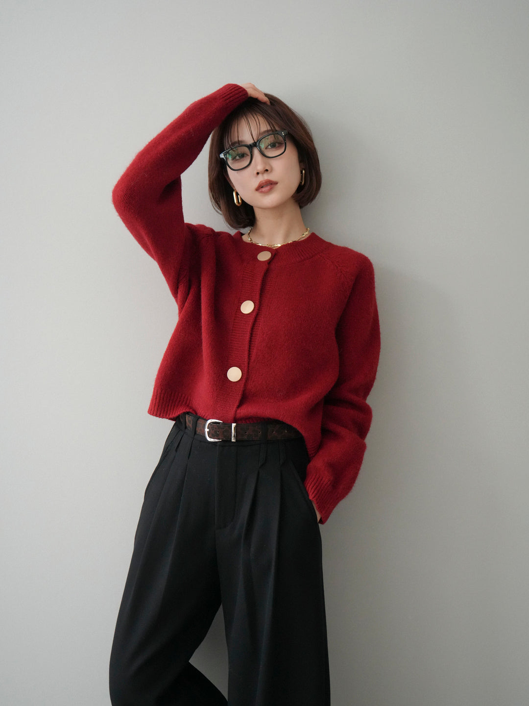 [SET]BIGボタンニットカーディガン+アニマル柄ベルト付きウールタッチワイドパンツ(2set)