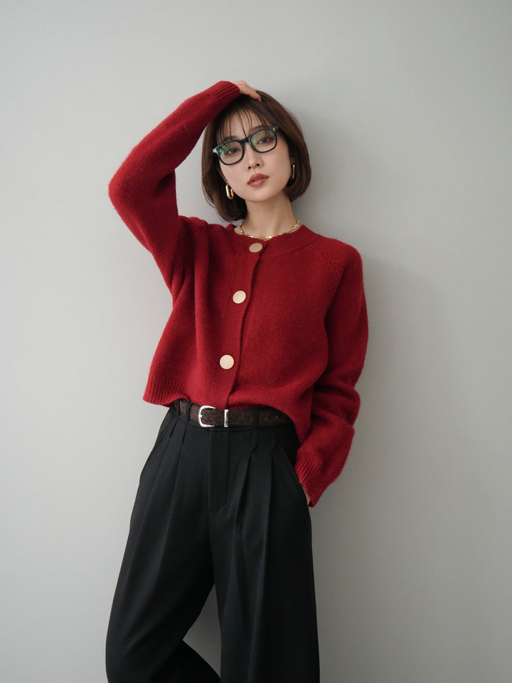 [SET]BIGボタンニットカーディガン+アニマル柄ベルト付きウールタッチワイドパンツ(2set)