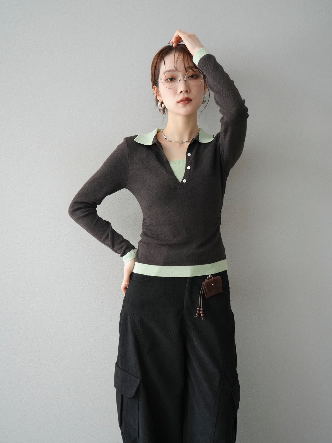 [予約]レイヤード配色ポロニットトップス/darkbrown