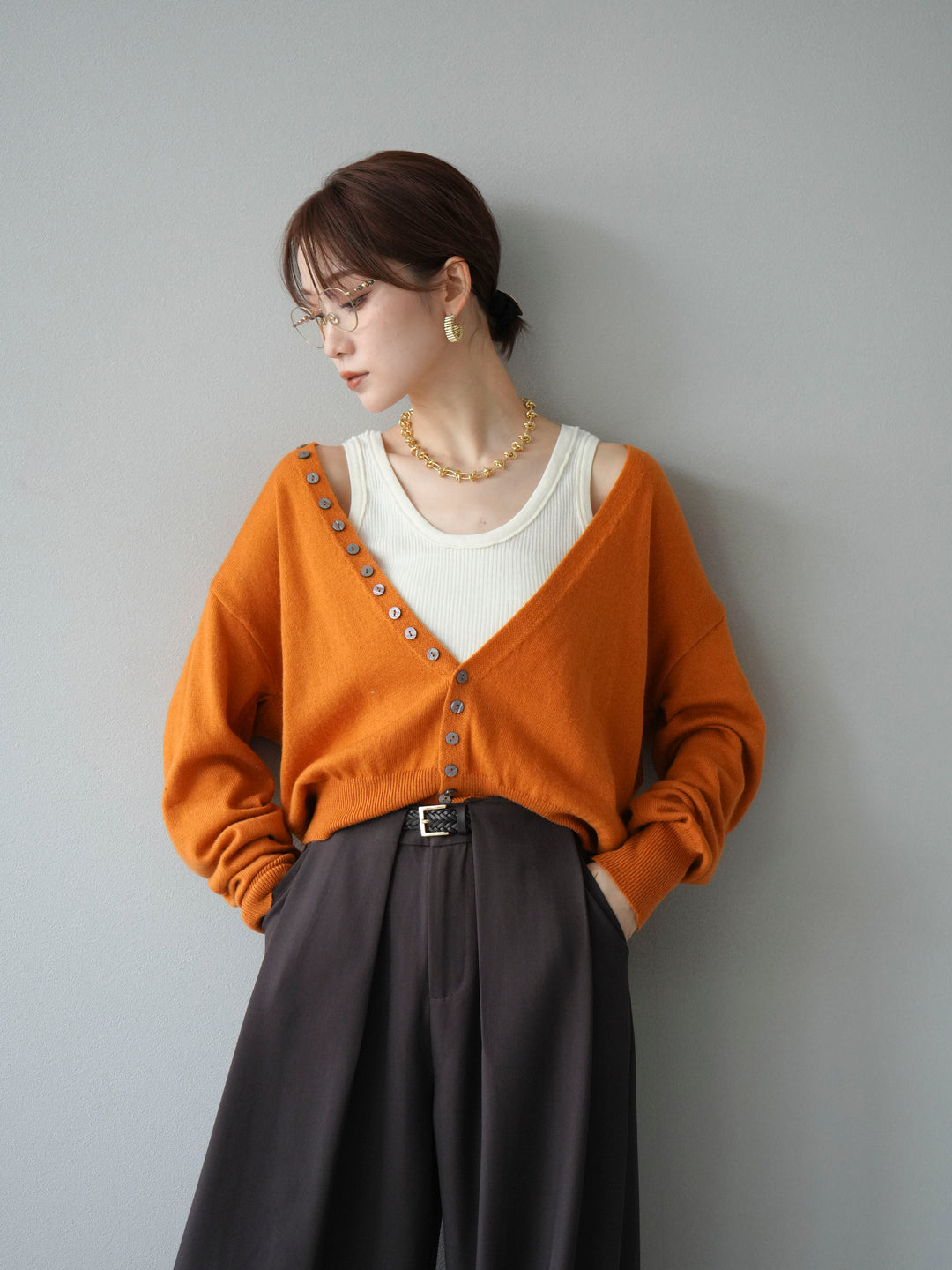 [予約]デザインボタンニットカーディガン＆タンクトップSET/オレンジ
