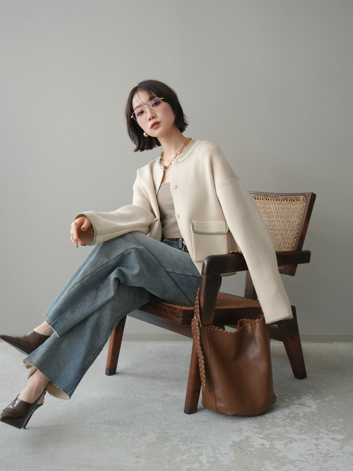 [SET]ポリエステル配色ニットカーディガン+裏起毛カットオフカーブデニムパンツ(2set)