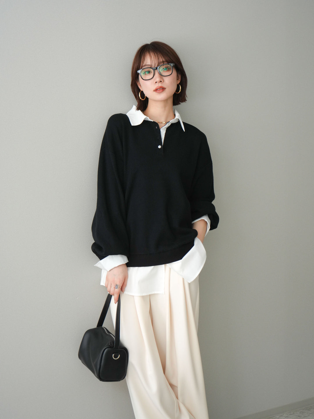 [予約]シャツドッキングオーバーニットプルオーバー/blackoff