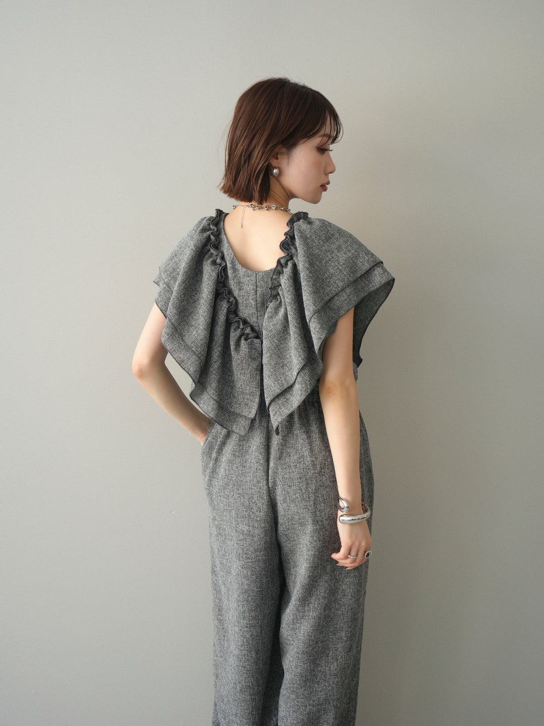 [SET]3WAYミックスツイードギャザーオールインワン+選べるアクセセット(2set)