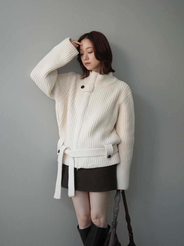 [予約]畦編みボトルネックZIPニットカーディガン/white