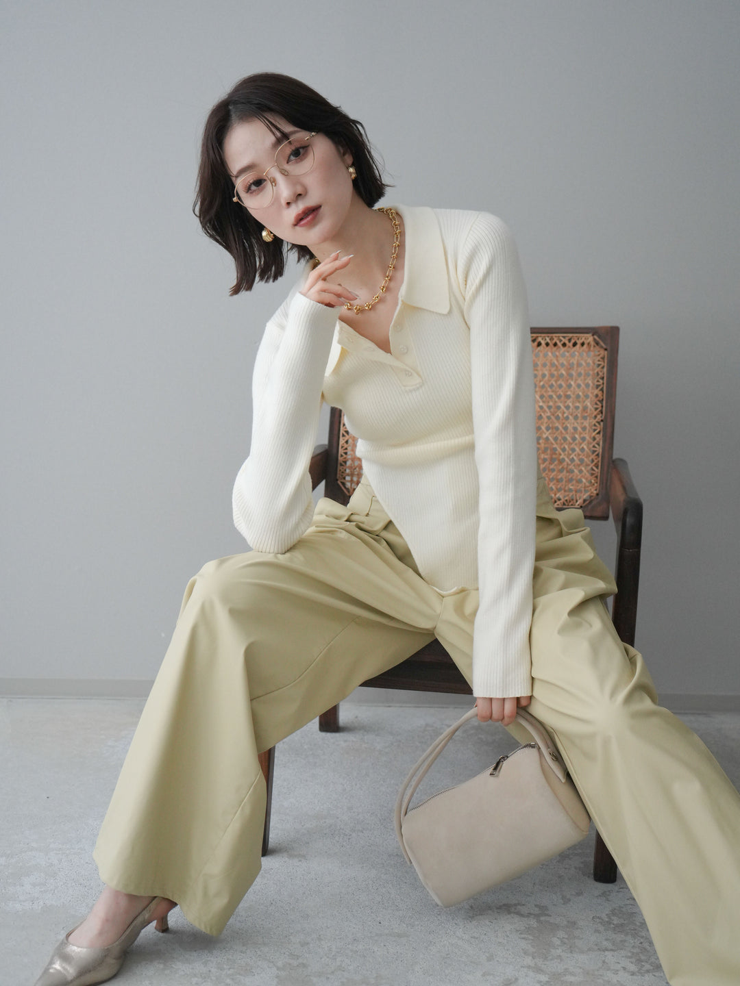 [予約]リブポロニットボディスーツ/ivory