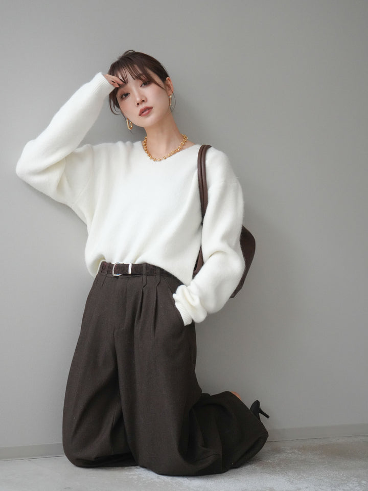 [SET]シュシュ付きアンゴラタッチVネックニットプルオーバー+選べるアクセセット(2set)