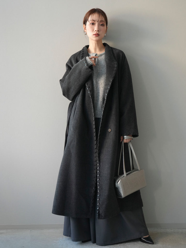 [SET]ハンドステッチ裏中綿ロングコート+テープベルトタックバギーパンツ(2set)