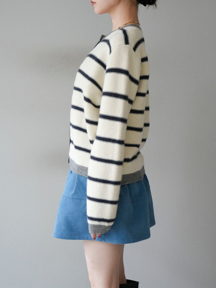 [予約]配色ボーダーニットカーディガン/apricot