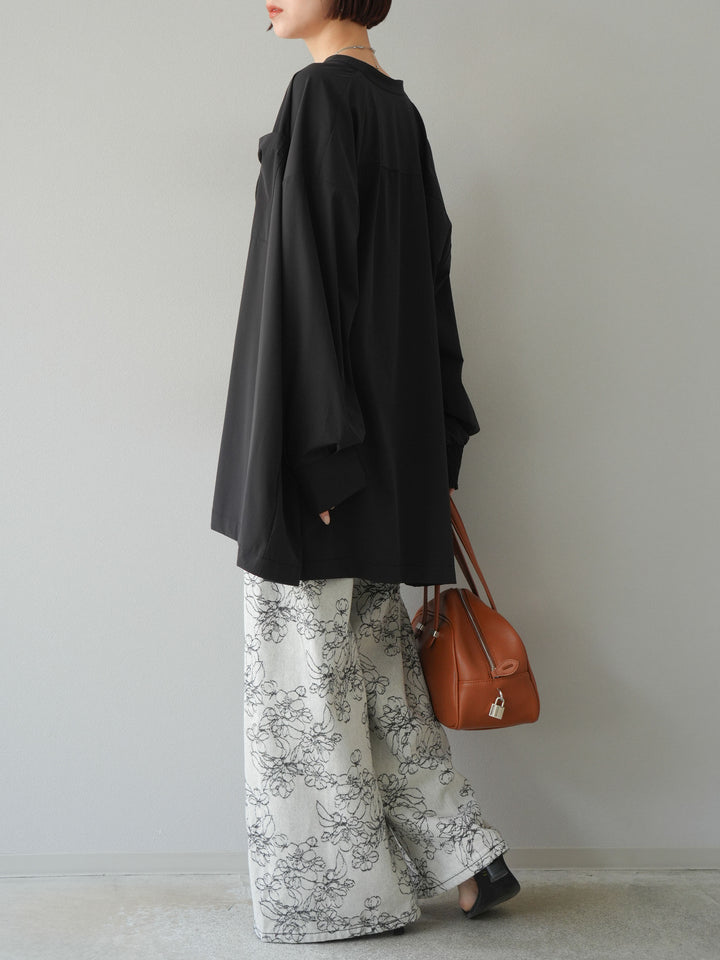 【預購】花朵提花牛仔寬褲/黑