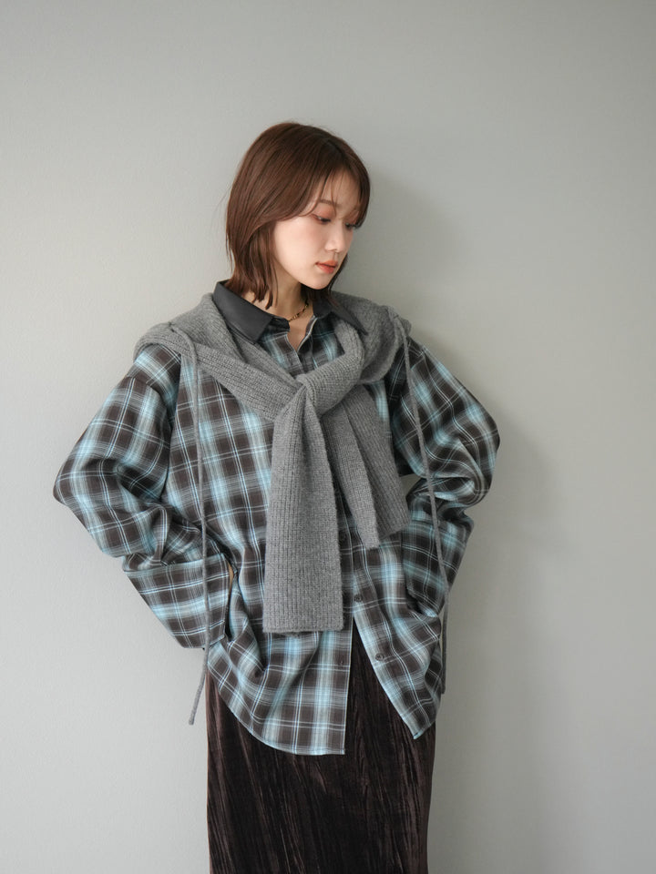 [SET]レザー襟オンブレチェックオーバーシャツ +クラッシュベロアナロースカート(2set)