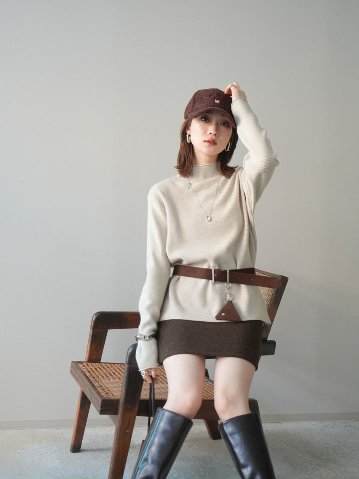 [予約]ボトルネック裾カールリブニットトップス/ivory