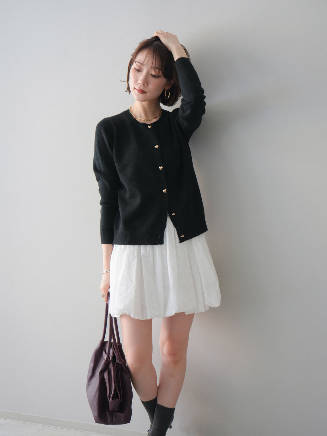 [SET]ハートボタンニットカーディガン+コットンライクレースバルーンミニスカート(2set)