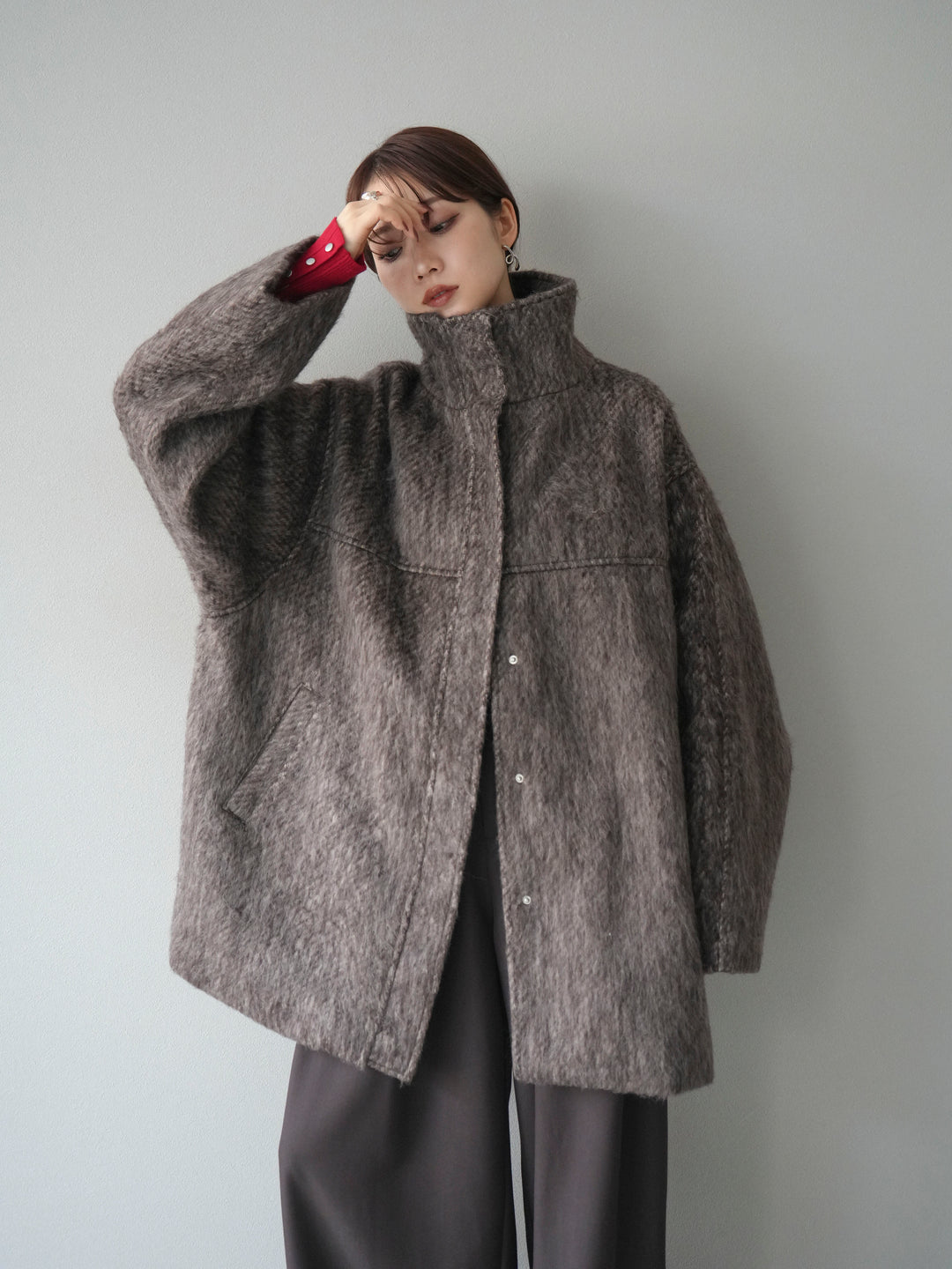 [予約]スタンドカラーシャギーコート/brown