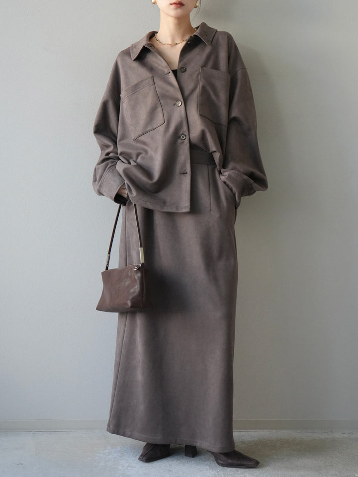 [SET]スエードシャツジャケット+スエードタイトスカート(2set)