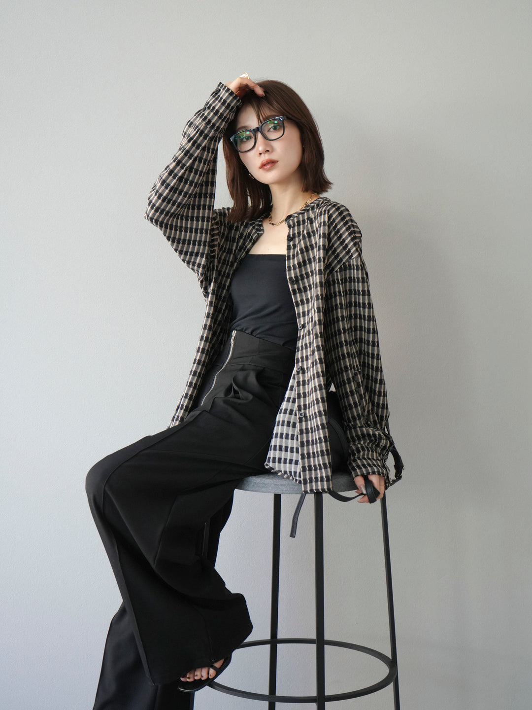 [予約]チェック柄2WAYスリーブバンドカラーシャツ/ベージュブラック