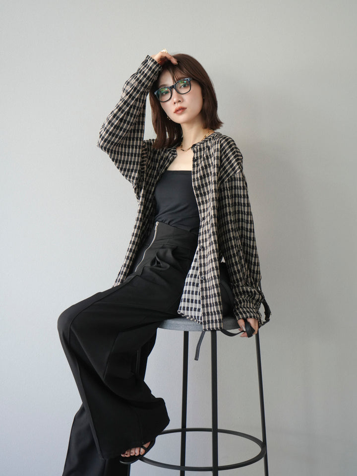 [予約]チェック柄2WAYスリーブバンドカラーシャツ/ベージュブラック