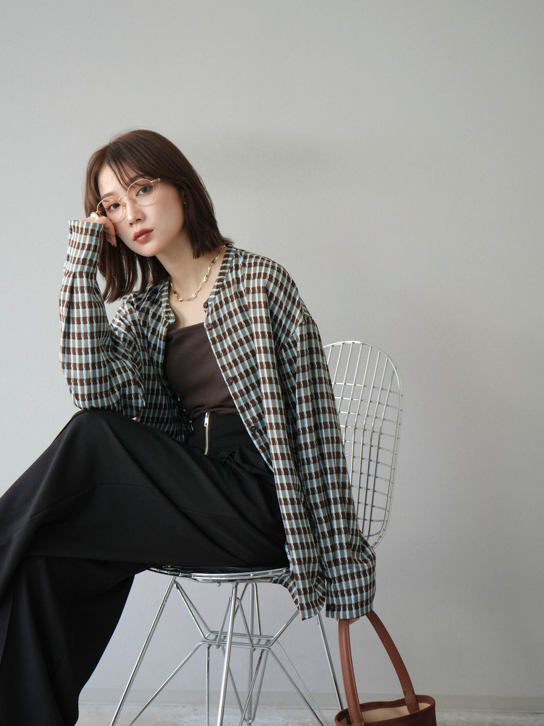 [予約]チェック柄2WAYスリーブバンドカラーシャツ/ブルーブラウン