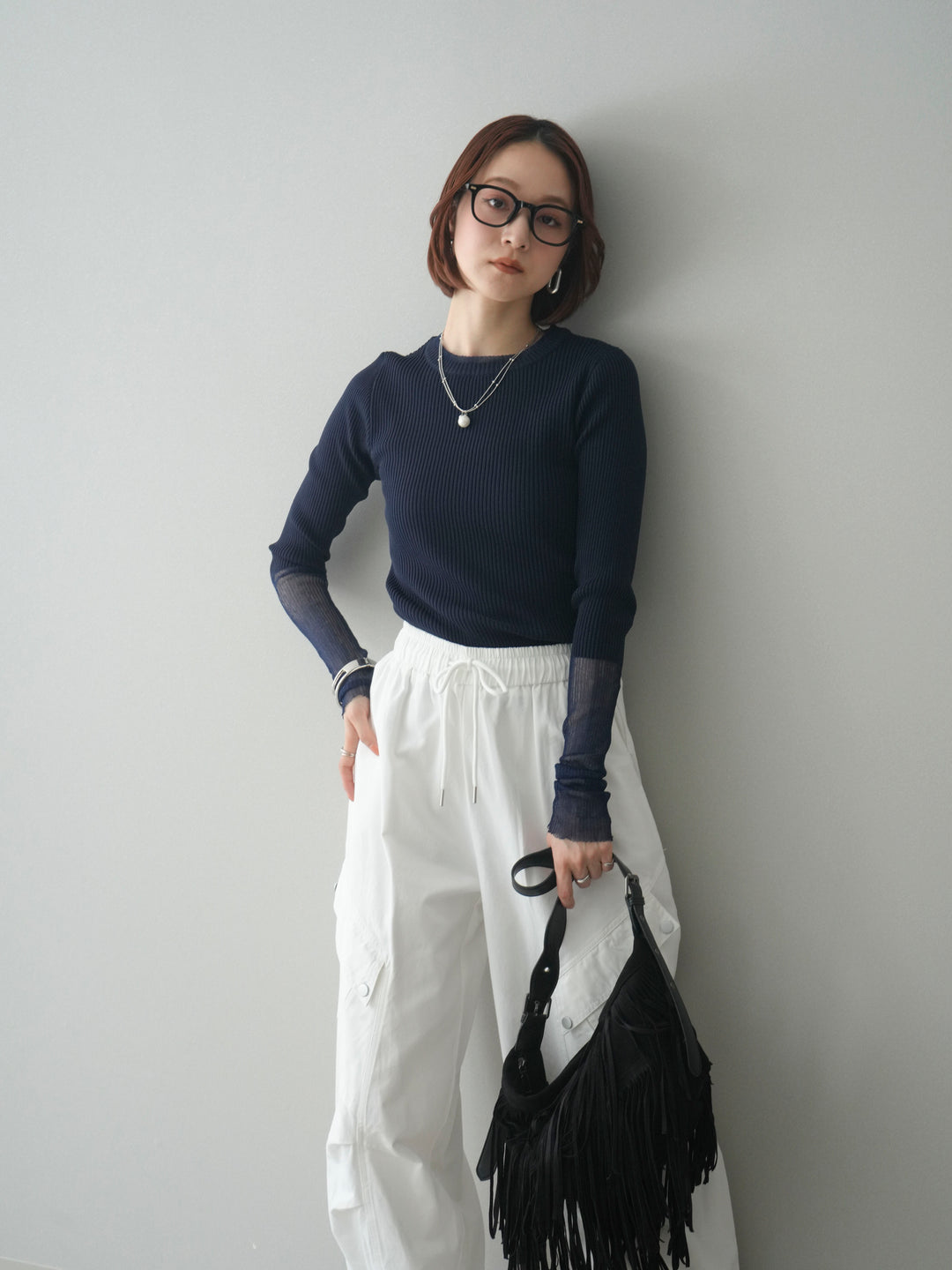 [予約]リブラメシアー切替リブニットトップス/navy