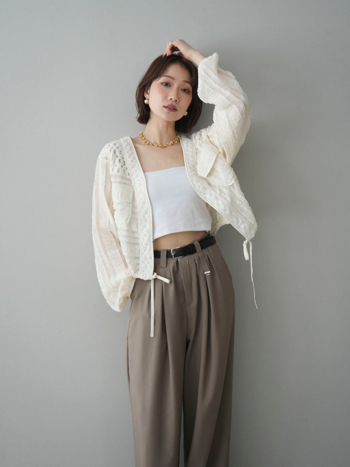 [SET]パッチワークシアーフリルブルゾン+カップ付テレコリブベアキャミソール+ベルト付キーホルダーモチーフワイドパンツ(3set)