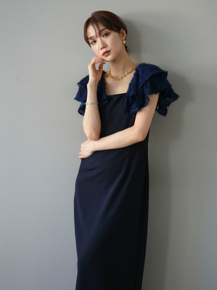 [予約]ジャガードフレアスリーブドレス/ネイビー