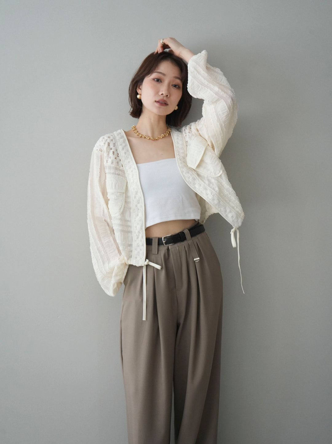 [SET]パッチワークシアーフリルブルゾン+ベルト付キーホルダーモチーフワイドパンツ(2set)