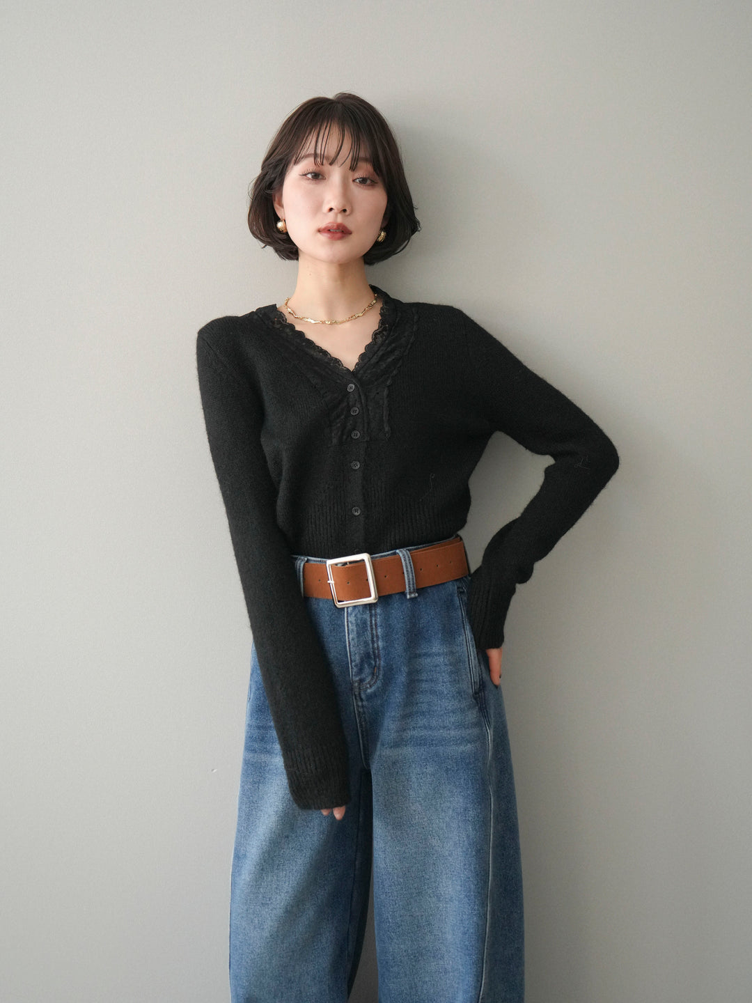 [SET]レースネックコンパクトニットカーディガン+選べるアクセセット(2set)