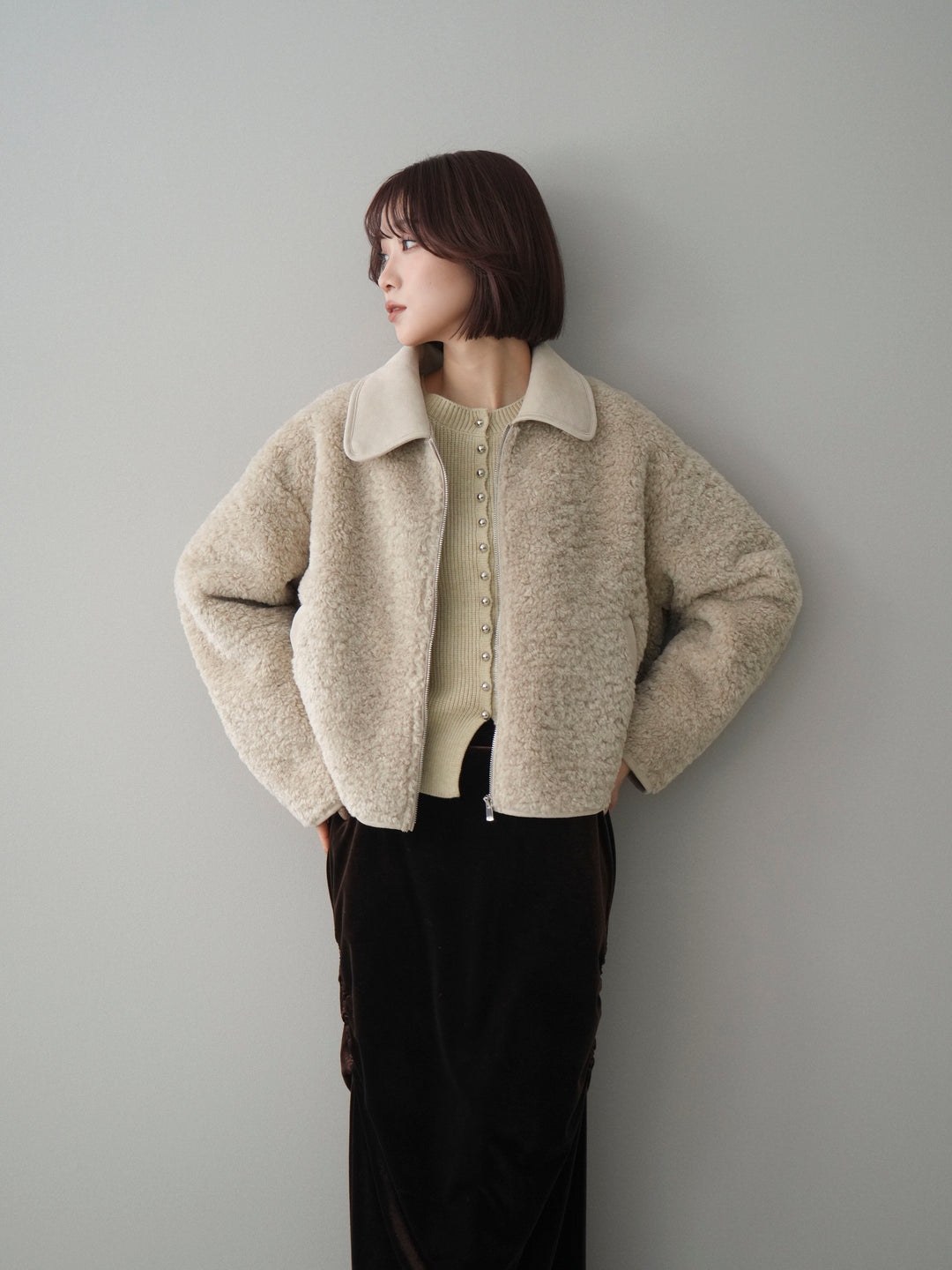 [予約]スエード襟ボアショートジャケット/beige