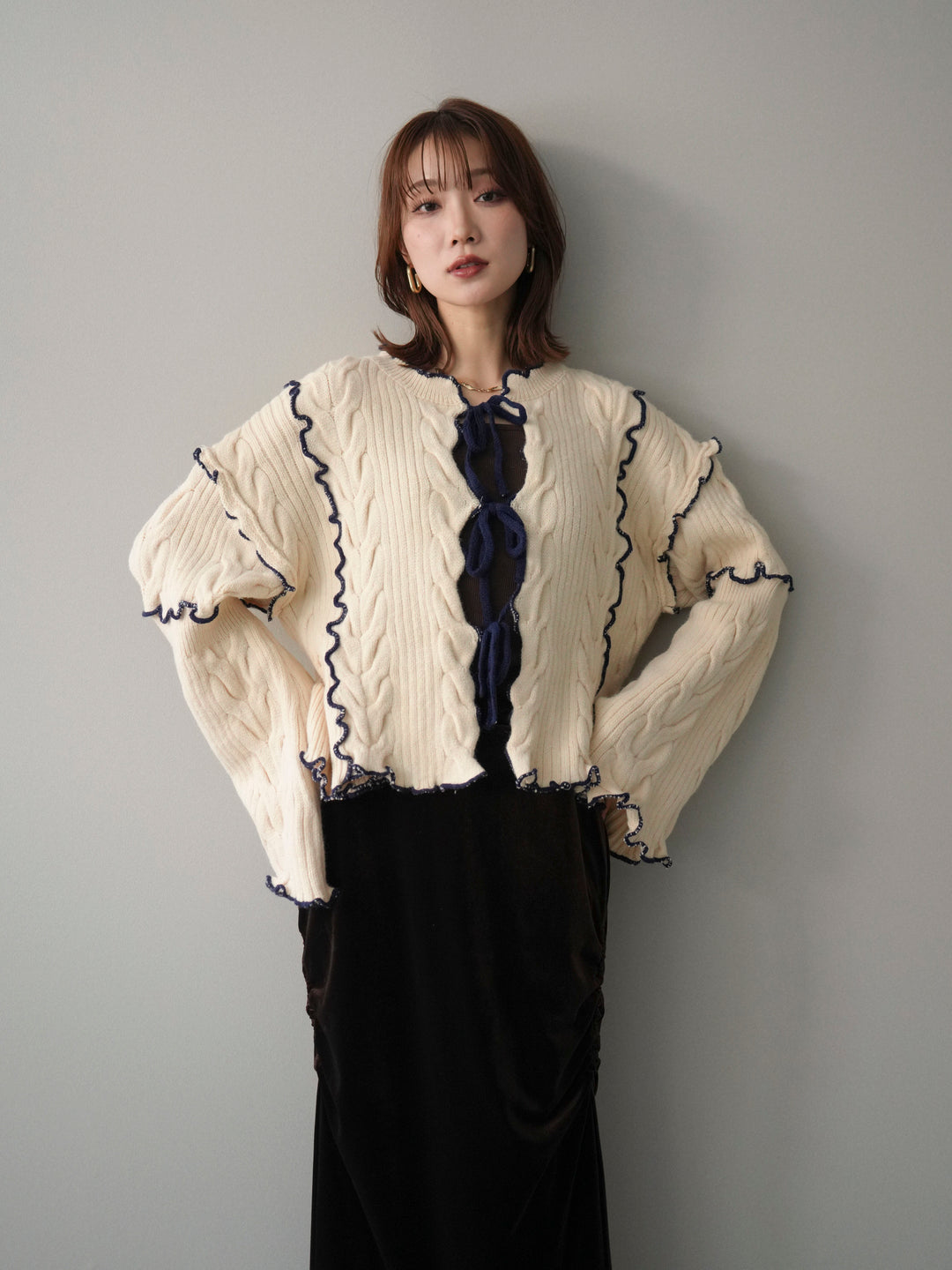 [SET]フロントリボン配色メローニットカーディガン+選べるアクセセット(2set)