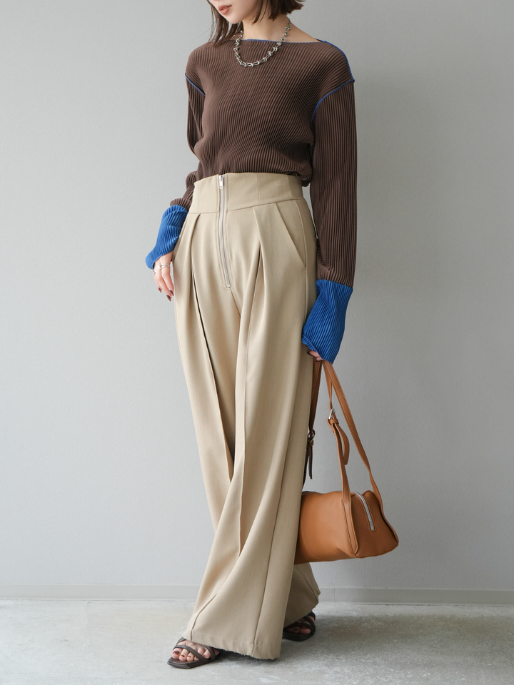 [予約]バイカラープリーツトップス/ブラウン